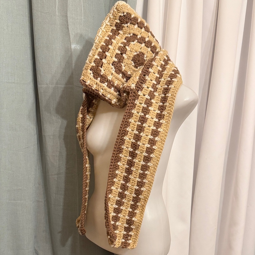 Crochet Patterned Scarf Hat Hood in Brown and Cream
